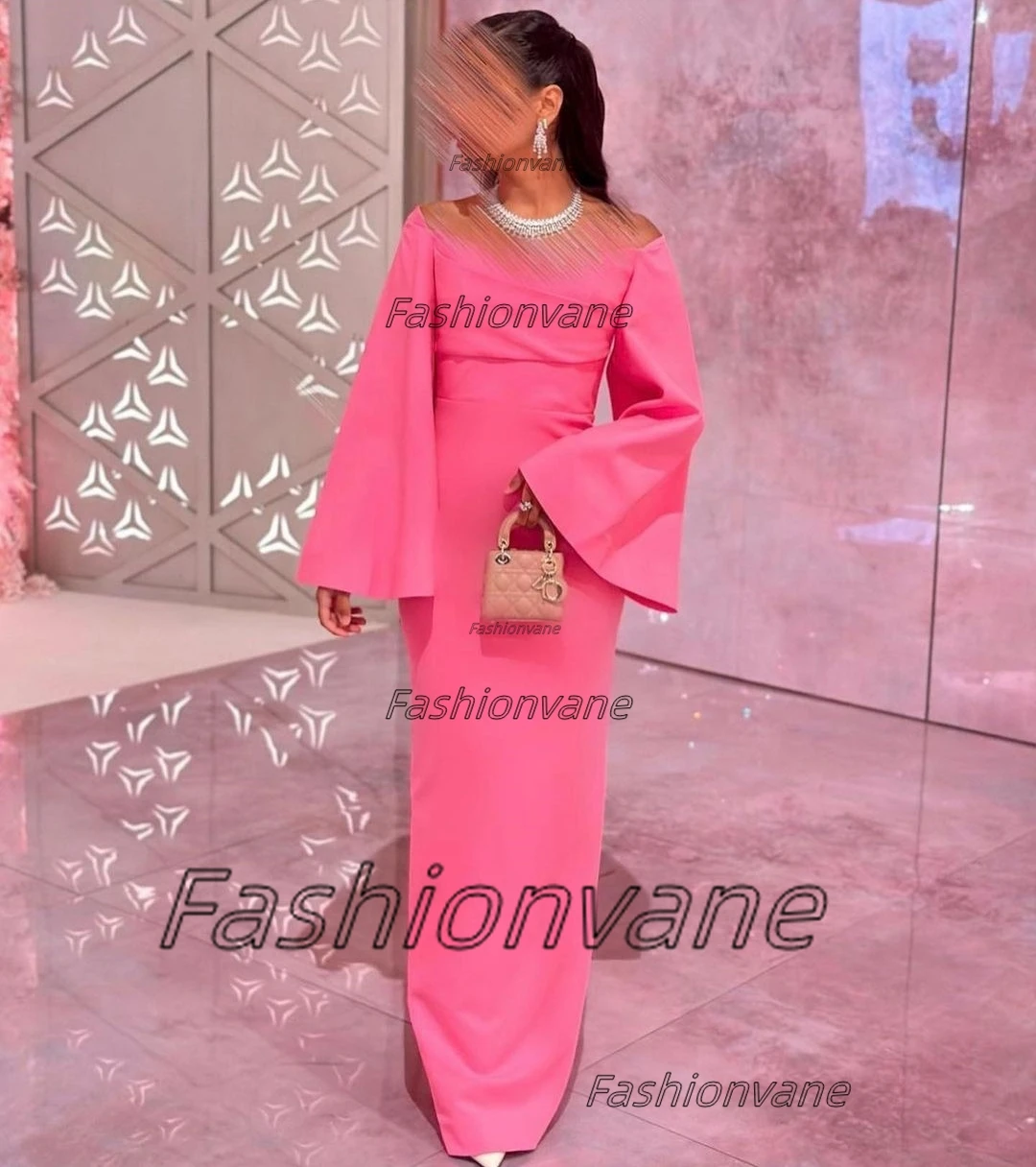 

Fashionvane Saudi Arabia Dubai Party Prom Dresses Bateau Neck Ruched Long Sleeves Evening Dress Back Slit Women Wear Vestidos De