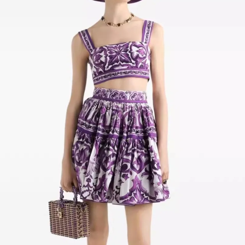 Púrpura verano estampado floral patchwork azul porcelana estampado halter top mini vestido + falda conjunto estilo básico falda corta un hombro...