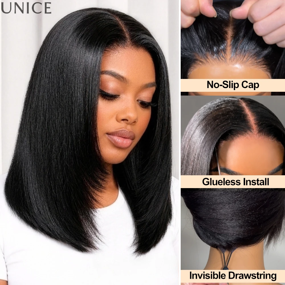 UNice Layered Cut Yaki Straight Human Hair Bob Wig No-Slip 7x5 Lace Glueless Wig With Invisi Drawstring 150% Density