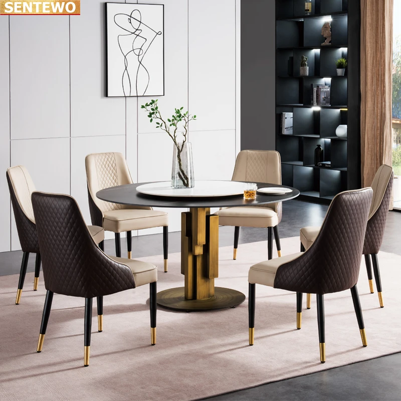 Designer Luxury round dinning Marble Rock Slab dining table set 4 6 8 chairs eettafel furniture marbre Stainless steel gold base