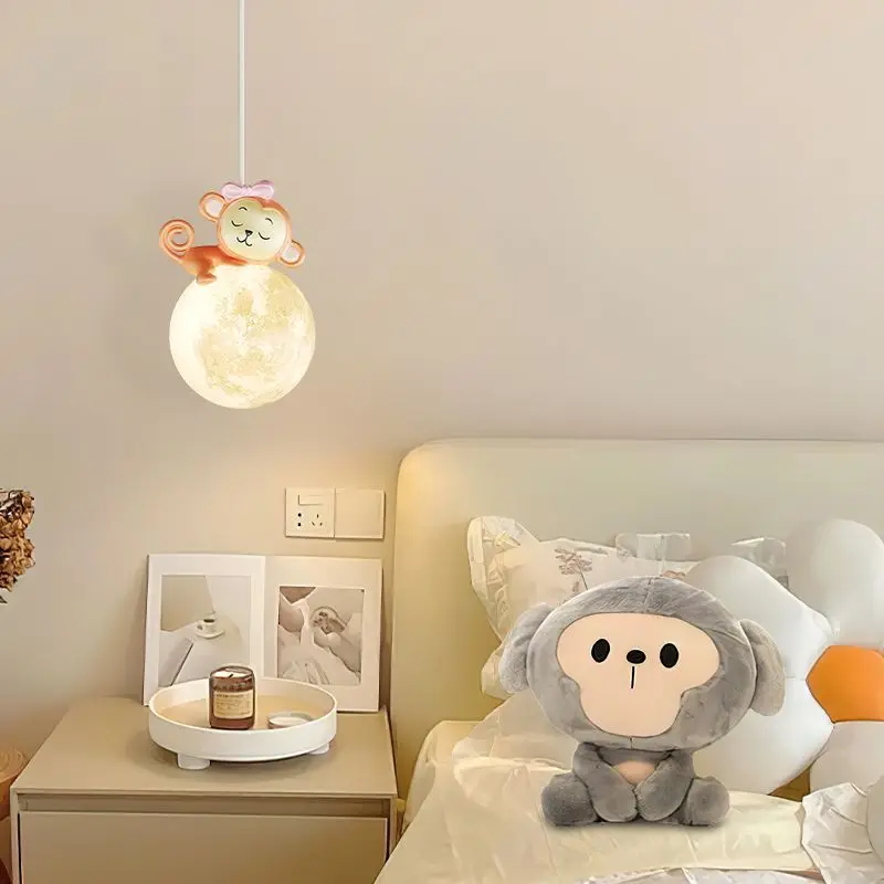 Romantic Children\'s Room Pendant Lamps Resin Dog Monkey Dinosaur Piggy Animal Light Kids Boy Bedroom Bedside Hanging Lights