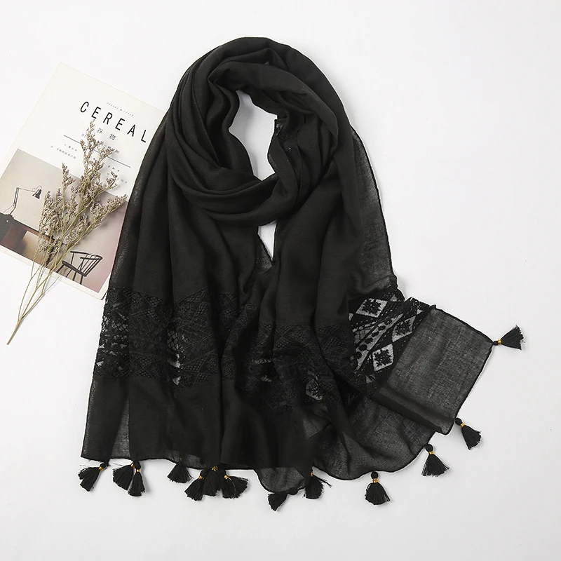 Korean version of autumn and winter long thick cotton solid color lace scarf elegant tassel cotton