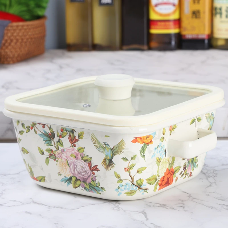 Large Square Stew Pot Enamel Vintage Flower Bird Soup Pot Double Handle Cheese Baked Rice Special Pan Home Kitchen Cookware