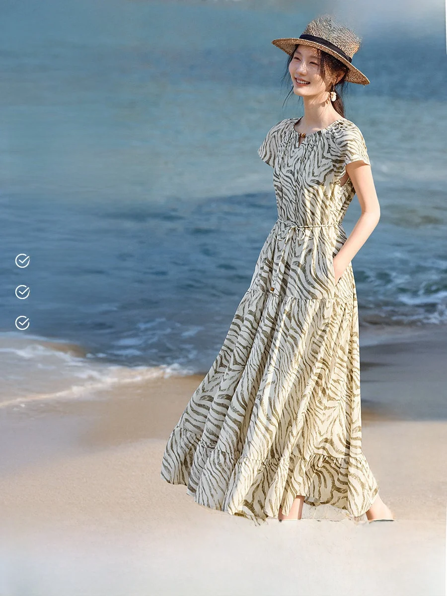 

Elegant A-Line Dress Summer Vacation Beach Print Women's Slimming Zebra Pattern High-End Feel Short Sleeve Commute Style