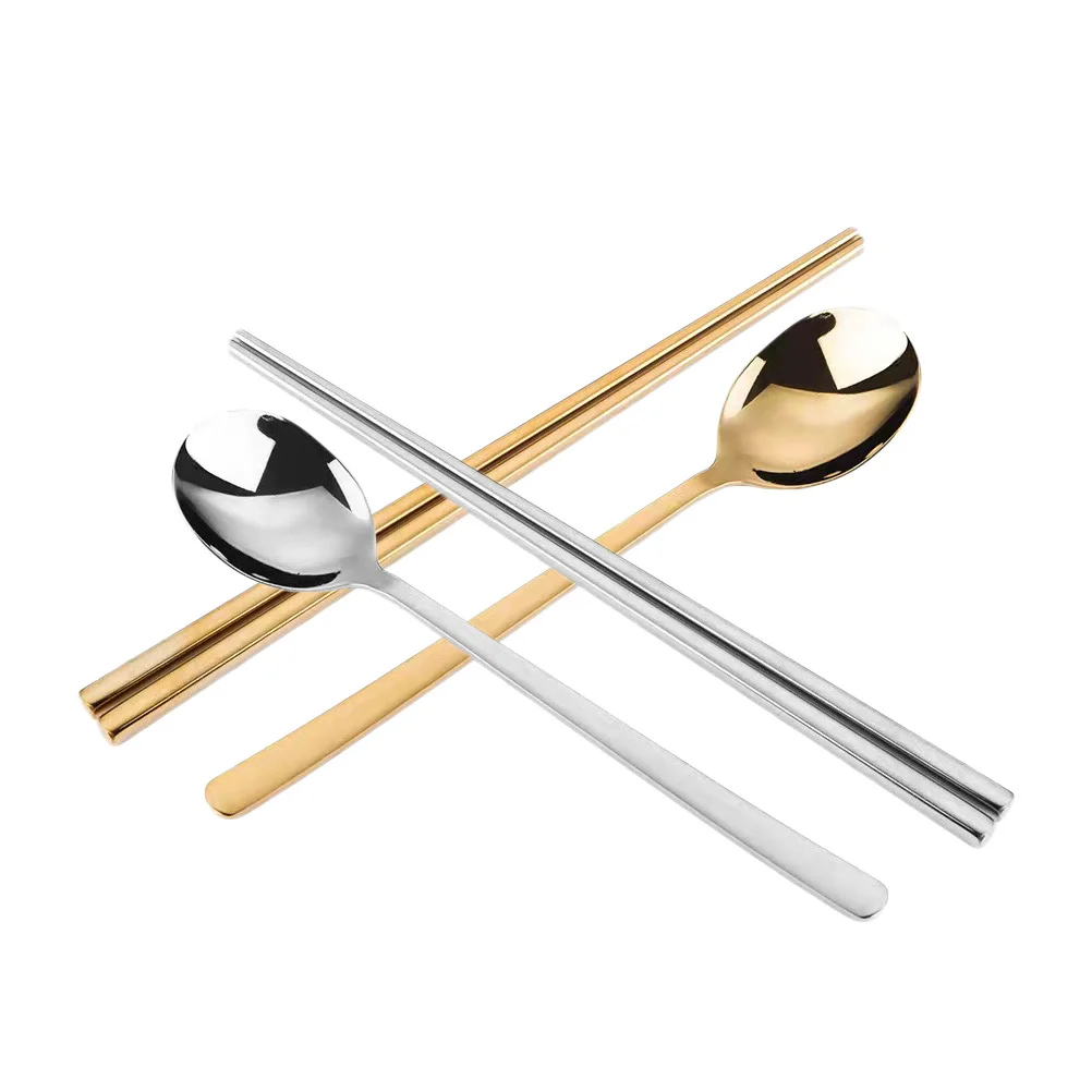 Juego de 2 palillos y cucharas de acero inoxidable, diseño hueco con aislamiento térmico para ramen, sushi, fideos, vajilla coreana, reutilizable