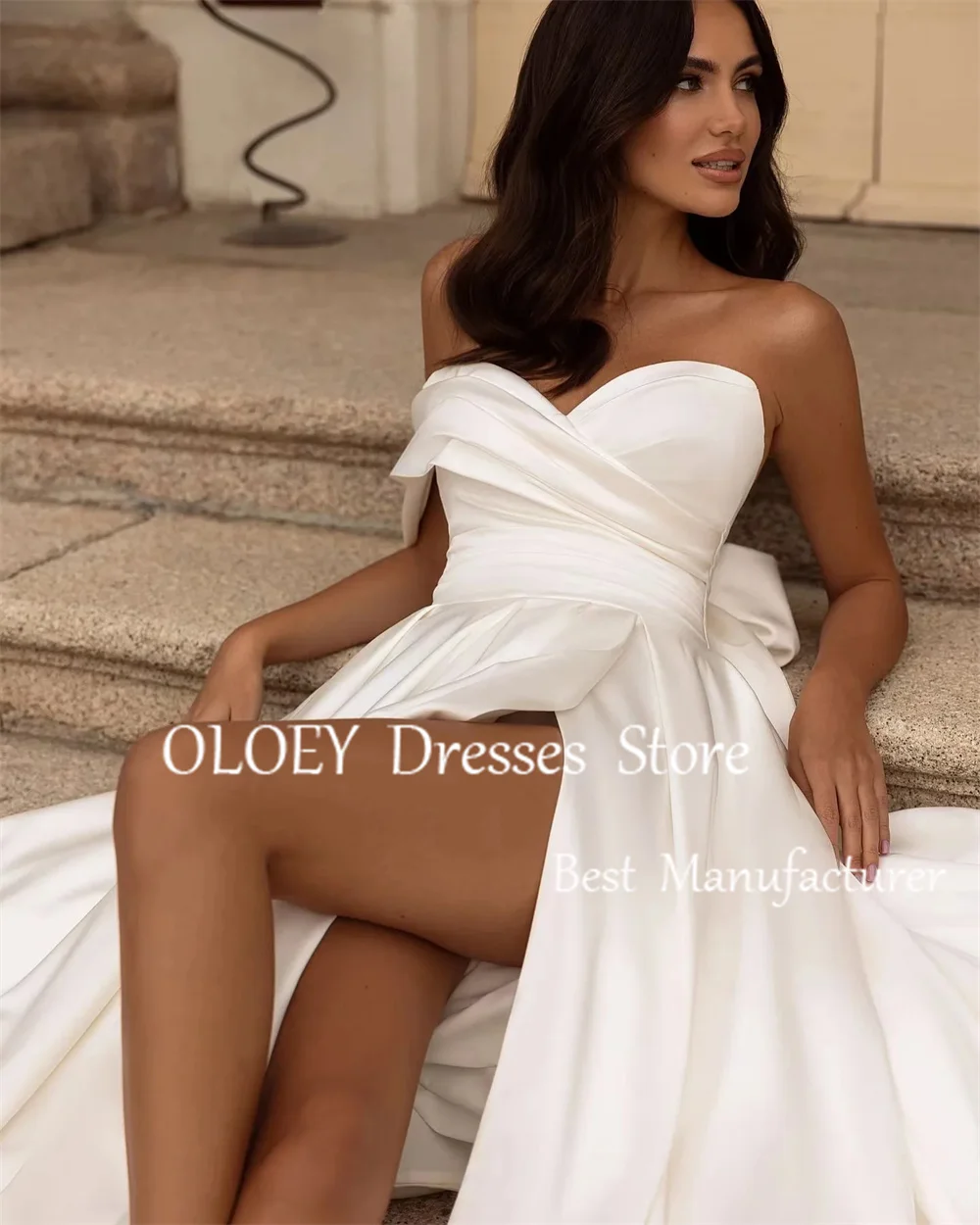 OLOEY Exquisite White Satin Asymmetrical Wedding Dresses Strapless Lace Up Off Shoulder Floor Length Sweep Train Bride Gowns