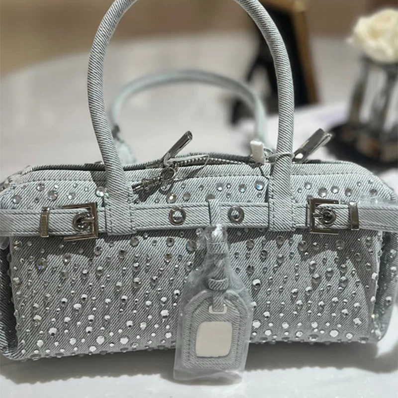 

Diamond Denim Brand Tote Bag 2025 New Casual Versatile Long Belt Buckle Handbag Silver Chain Luxury High-end Korean Shoulder Bag