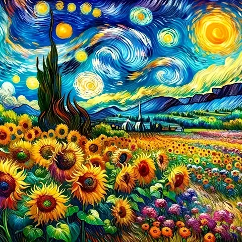 Diamond Painting Set, Sunflower Pattern Under the Starry Sky, Round Diamond Full Diamond Art, Multiple Specifications to Choose