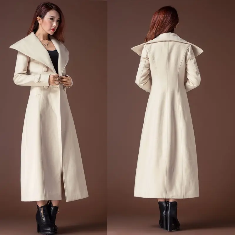 Double-sided cashmere coat women's long slim-fitting and thin woolen trench coat plus long over-knee woolencoat double-breasted.