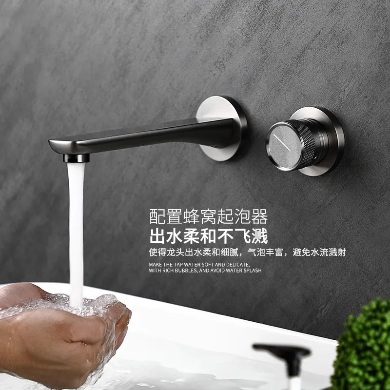 

All-copper gun gray concealed basin faucet Hotel project into the wall type hot and cold bathroom wall row wall faucet