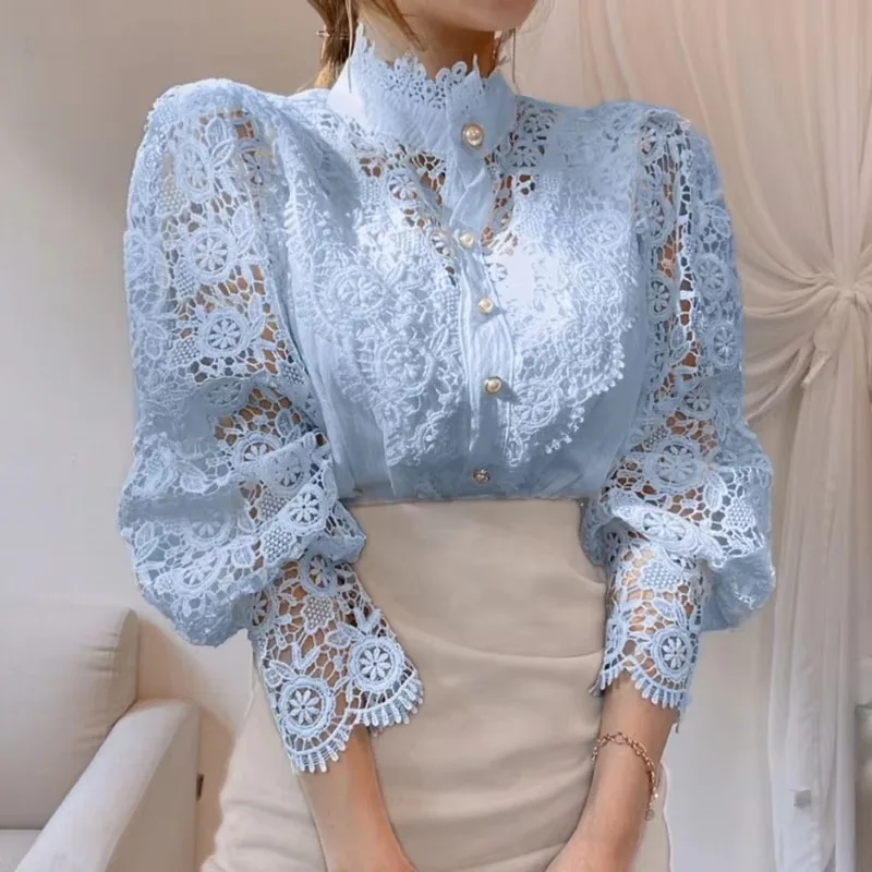 Elegant Women Pleated Blouse Hollow Out Floral Lace Button Turtleneck Shirt Fashion Fluffy Femme Tops Blouses