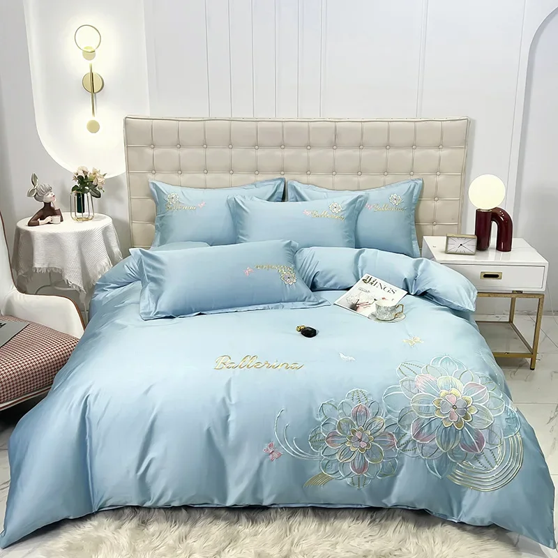 High aesthetic value, high-end summer coolness, ice silk four piece bedding set, summer silky, nude sleeping, embroidered duvet