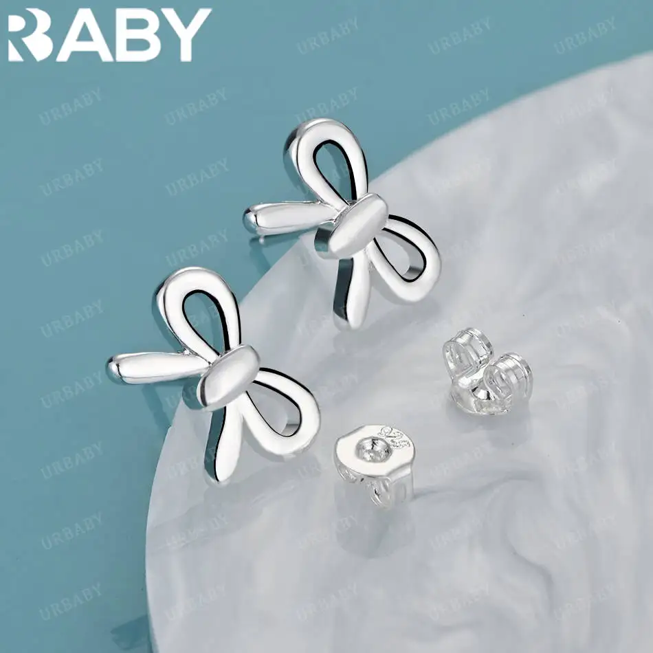 

URBABY 925 Sterling Silver Glossy Bowknot Stud Earrings Cute Lively Fashion Jewelry Birthday Gifts Wedding Accessories