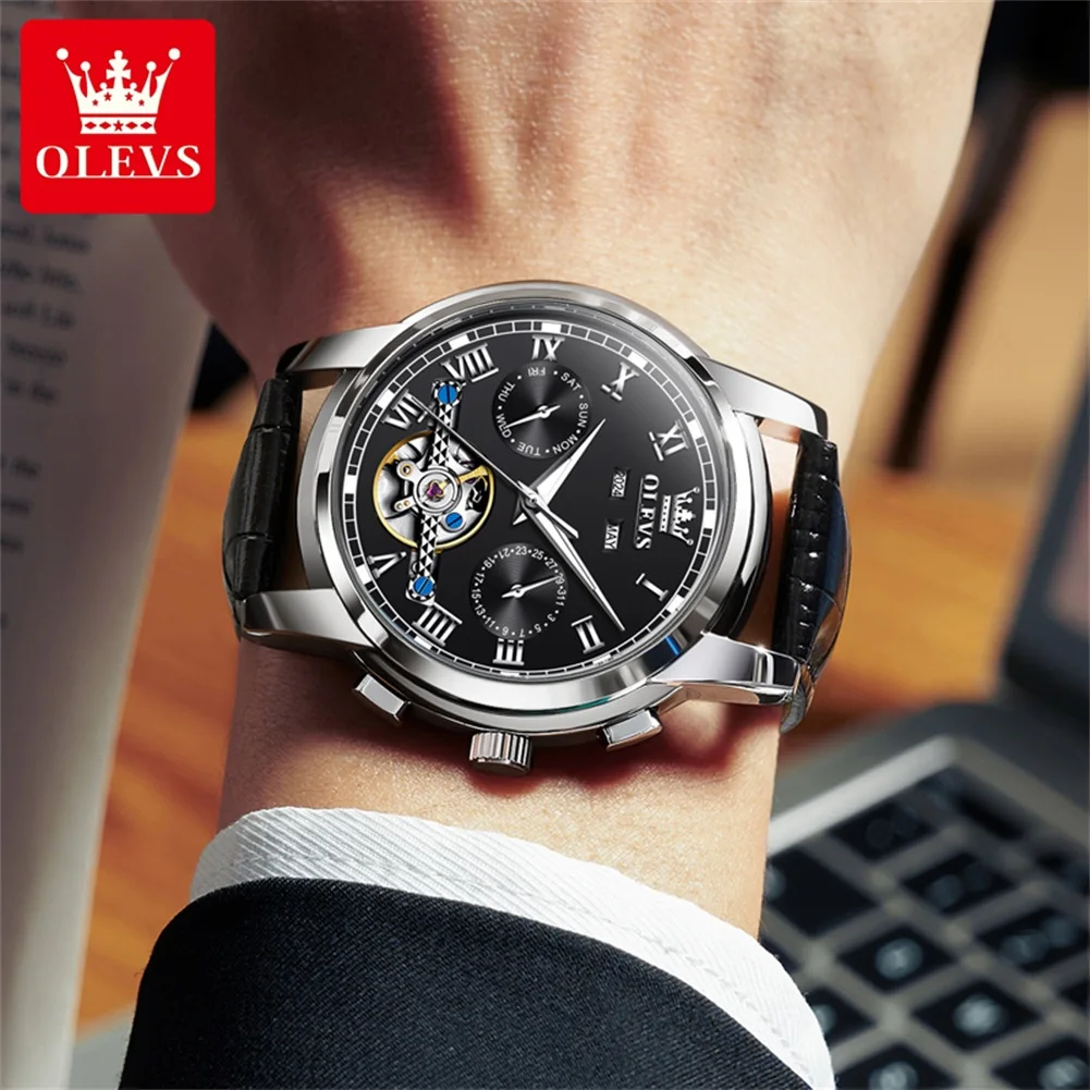 OLEVS TOP Brand Automatic Mechanical Watches Men Luxury Skeleton Flywheel Stainless Steel Waterproof Business Wristwatch 6607