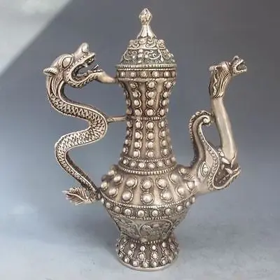 

Tibetan silver Ssangyong Flagon Totem Rare Lucky Big Tea Pot Statue Garden Decoration 100% real Tibetan Silver Brass