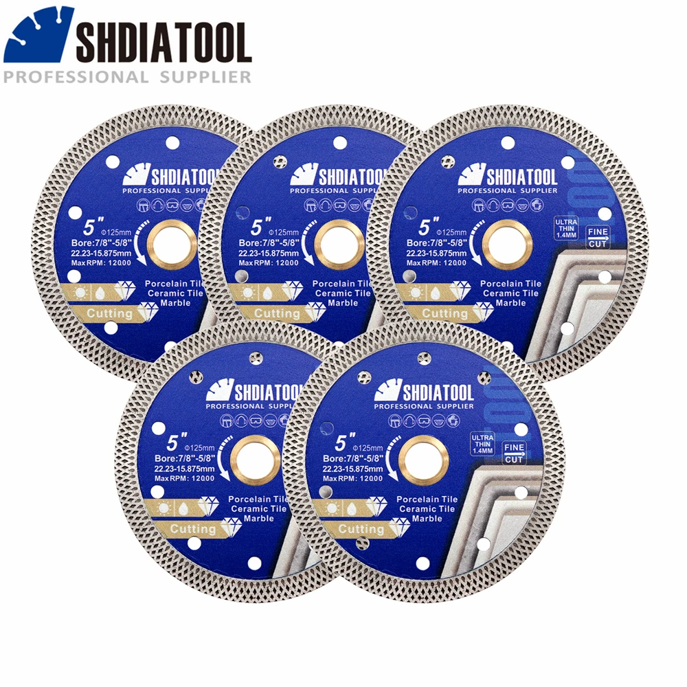 SHDIATOOL 5 pièces 125mm diamant superfin maille lame de scie disque de coupe carreaux de céramique marbre pierre meuleuse d'angle 5 pouces coupe circulaire