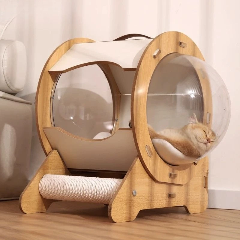 Top Rated All-Season Wooden Capsule Cat Bed, Enclosed Summer Space Pod House, Breathable Cozy Sleeping Nest for Indoor Cats
