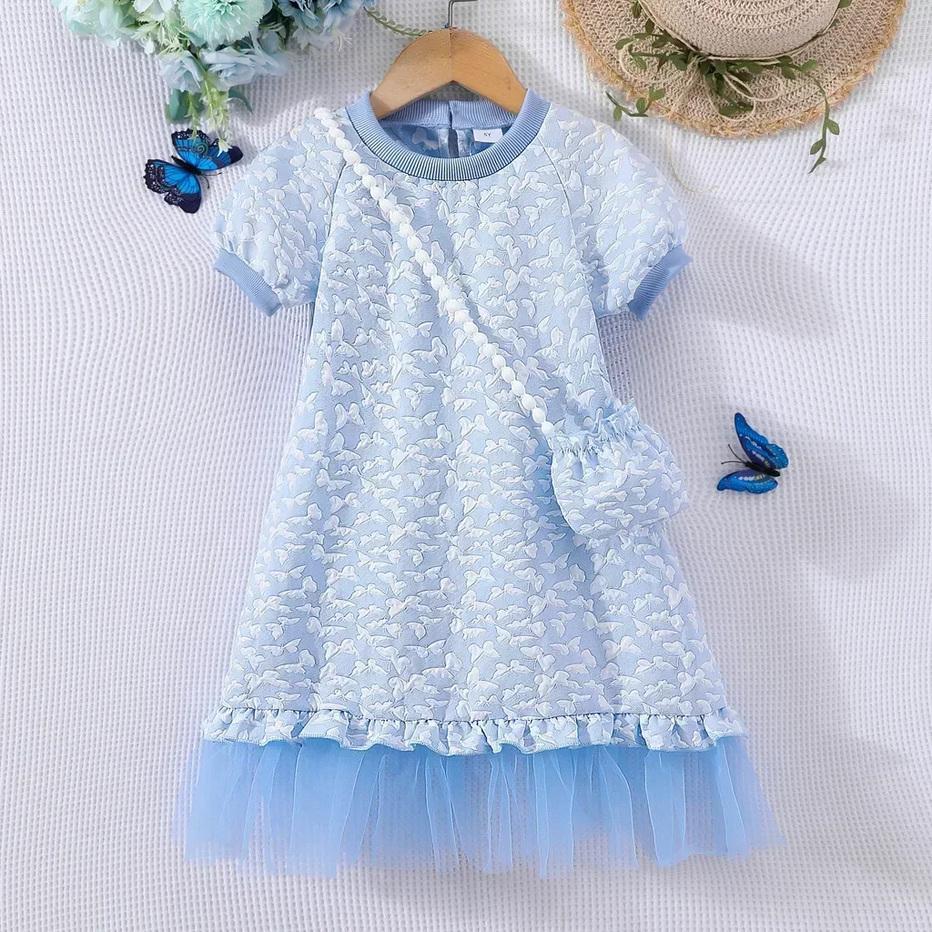 Baby Girls Clothes Kids Dress Short Sleeve Summer Casual Cute Butterfly Birthday Dress 3 To 7 Yrs