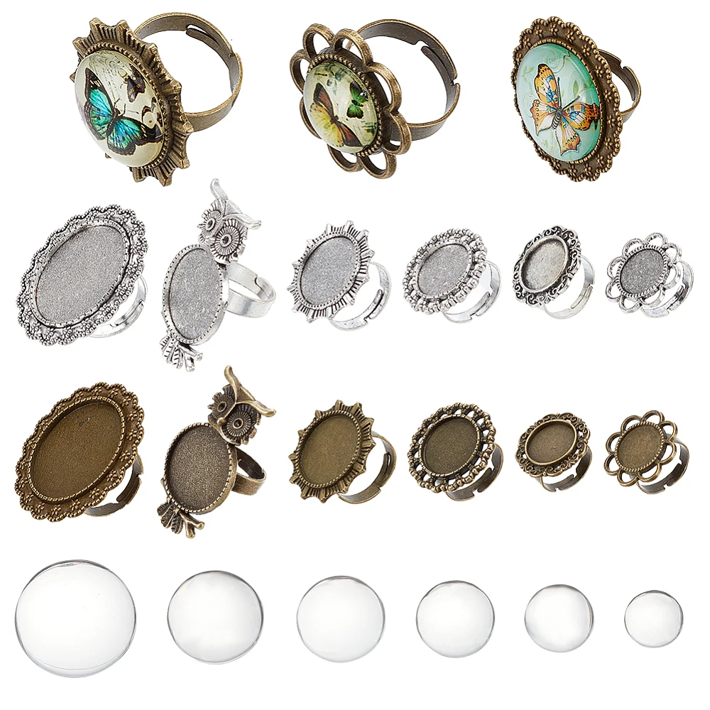 

DIY Blank Dome Finger Ring Making Kit Including Flower Sun Owl Adjustable Alloy Ring Settings Glass Cabochons