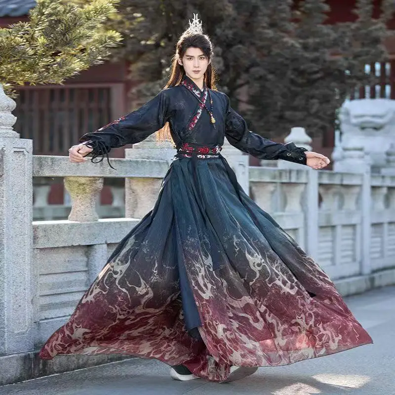 Men's Ancient Black Red Fire Hanfu Traditional Weijin Period Cross Collar Costume Niche Swordsman Cosplay Outfits Dance Dress