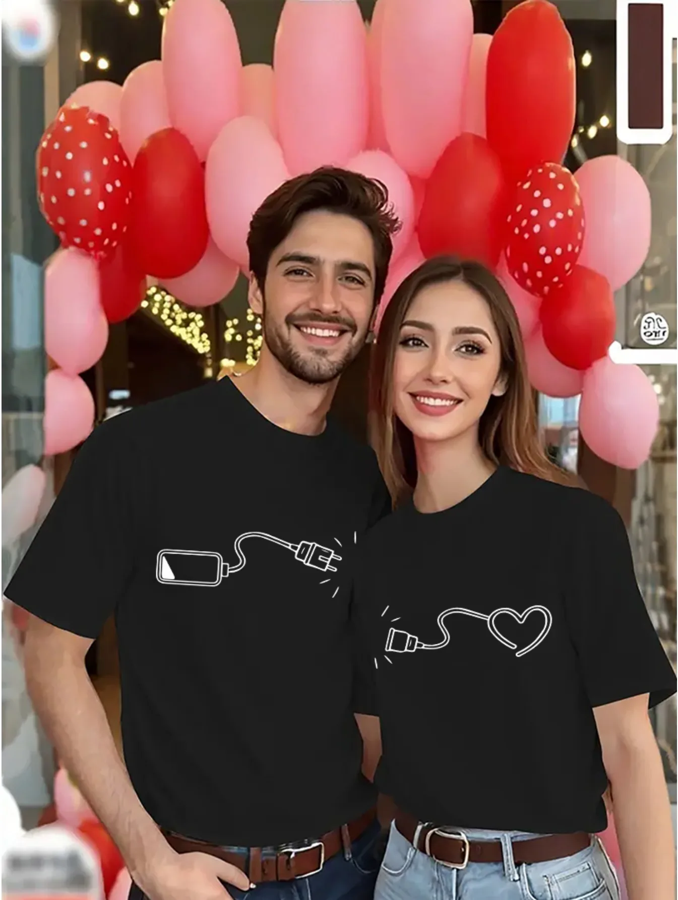 

1 couple's patterned T-shirt - heartbeat and syringe theme, bright red short-sleeved crew neck top, spring/summer casual wear