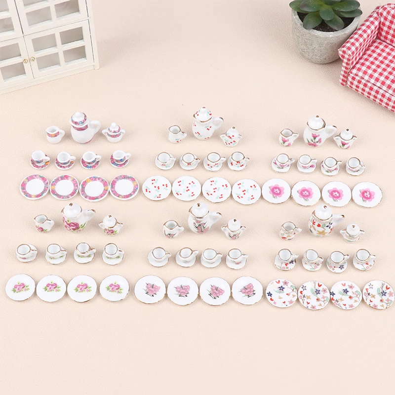 Girls Toys Tea Game Miniature Tea Set Dollhouse Furniture 15Pcs 1:12 Porcelain Cups Flower Tableware Kitchen Decorative Teapots