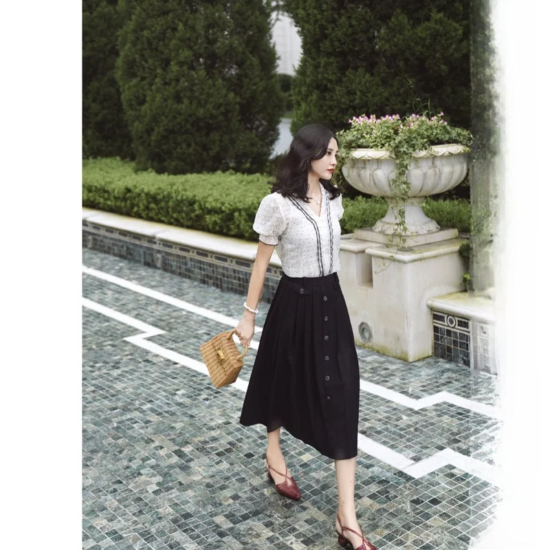 

Elwing Original High Waist Midi Skirt Women's Spring Two Tone Pleated a Line Skirt French Style High Waist Other 100%