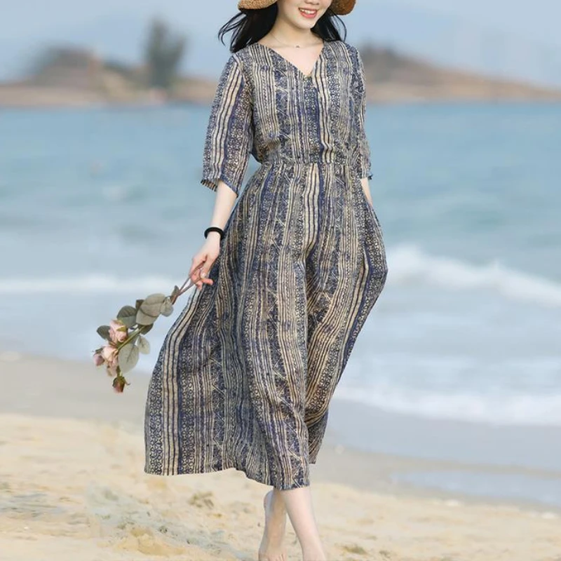 فستان من القطن والكتان، تنورة طويلة مخططة بتصميم عتيق، فستان نسائي لربيع وصيف 2025