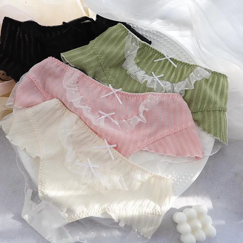 

Women Cute Lovely Sweety Middle Waist Ruffle Transparent Sexy Underwear Princess Style Stretch Breathable Panties Mesh Breifs