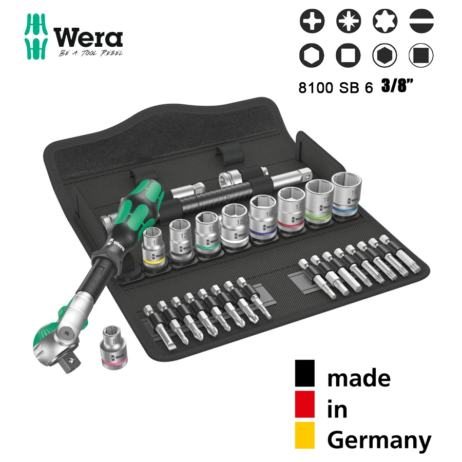 

WERA 8100 SB 6 Zyklop Speed Ratchet Set 3/8" Drive Metric 29 Pcs Multifunctional Socket Wrench Sets 05004046001