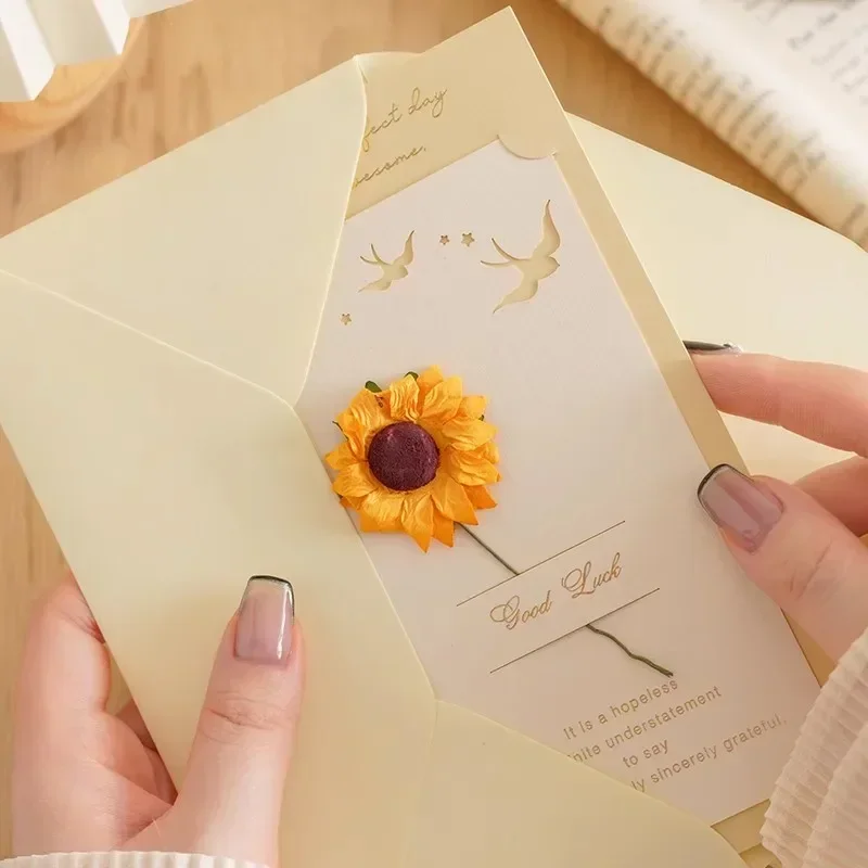 5 juegos de tarjetas de felicitación de flores secas, postales de invitaciones manuscritas Kawaii DIY para boda, regalo de Navidad, sobres de cubierta de tarjeta