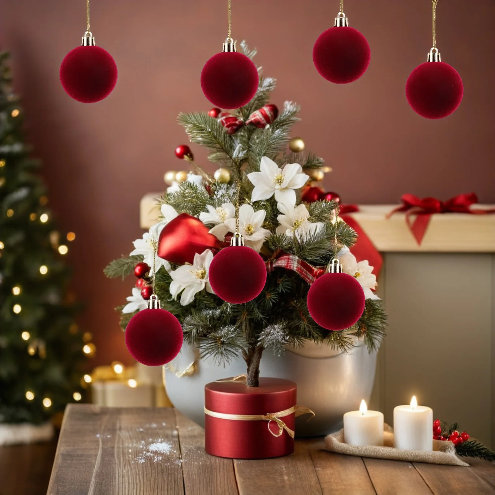 

24pcs Flocked Dark Red Ornament Balls Holiday Tree Hanging Decorative Baubles For Christmas Valentines Day Home Wedding Party