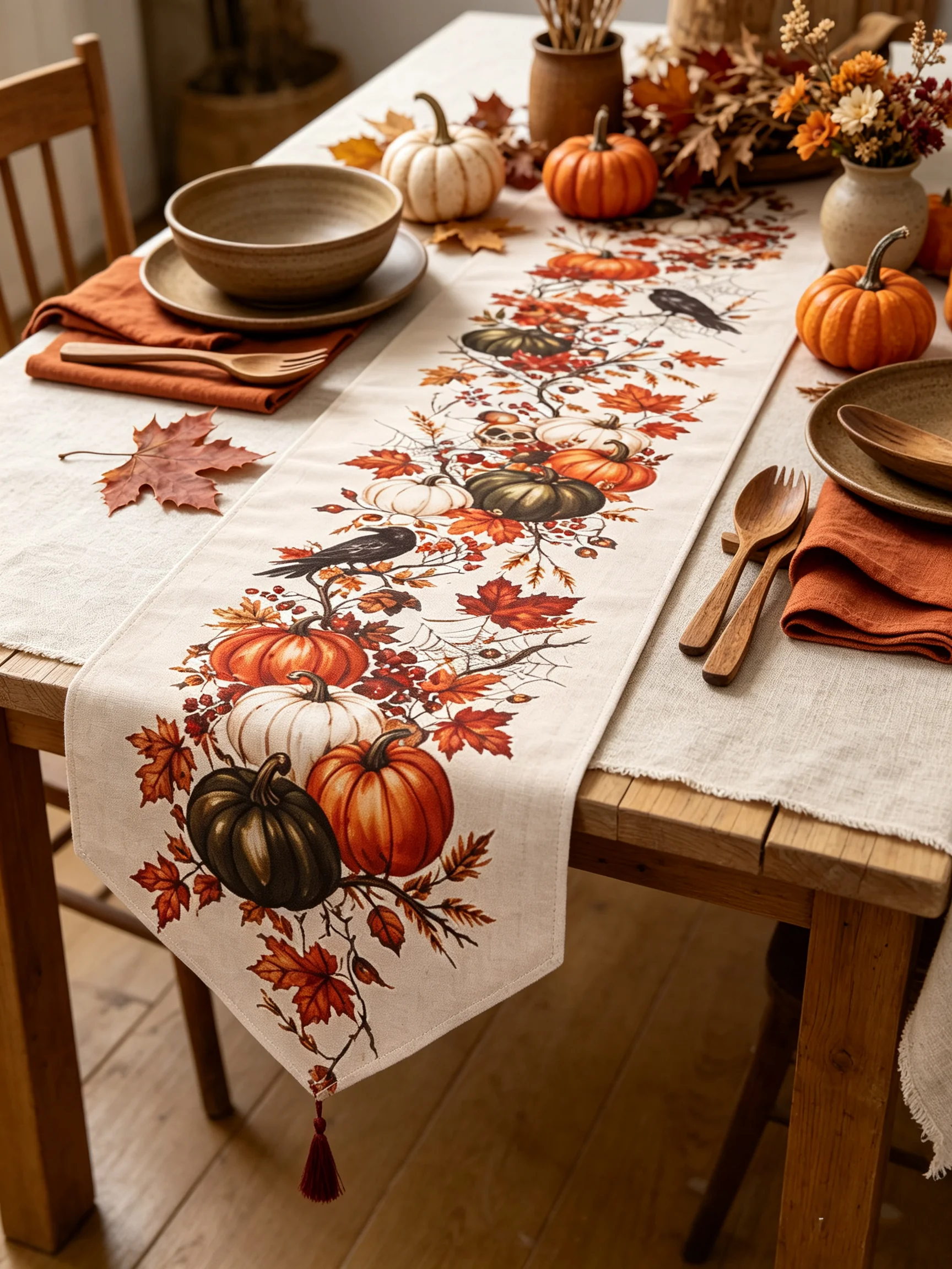 Vintage Fall Halloween Table Runner Gothic Pumpkin Maple Leaf Skeleton Bat Print Tablecloth Rustic Farmhouse Dining Table Decor