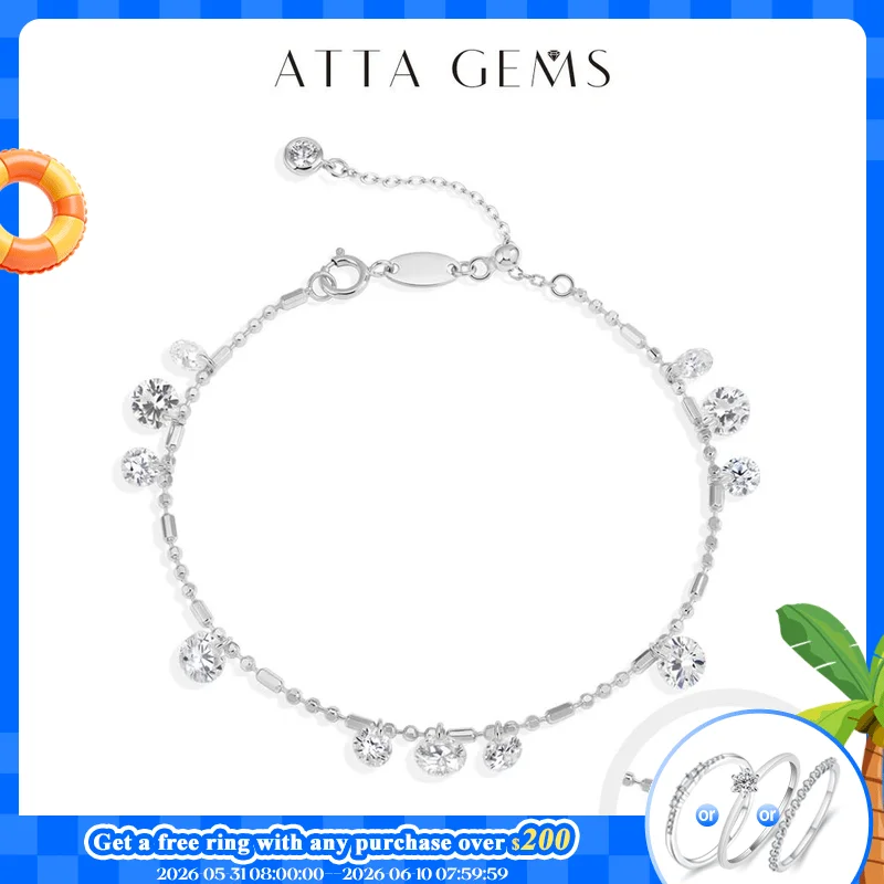 

ATTAGEMS Round Cut DVVS1 Moissanite Bracelet for Women S925 Silver Adjustable Beaded Chain Everyday Stackable Jewelry Party Gift