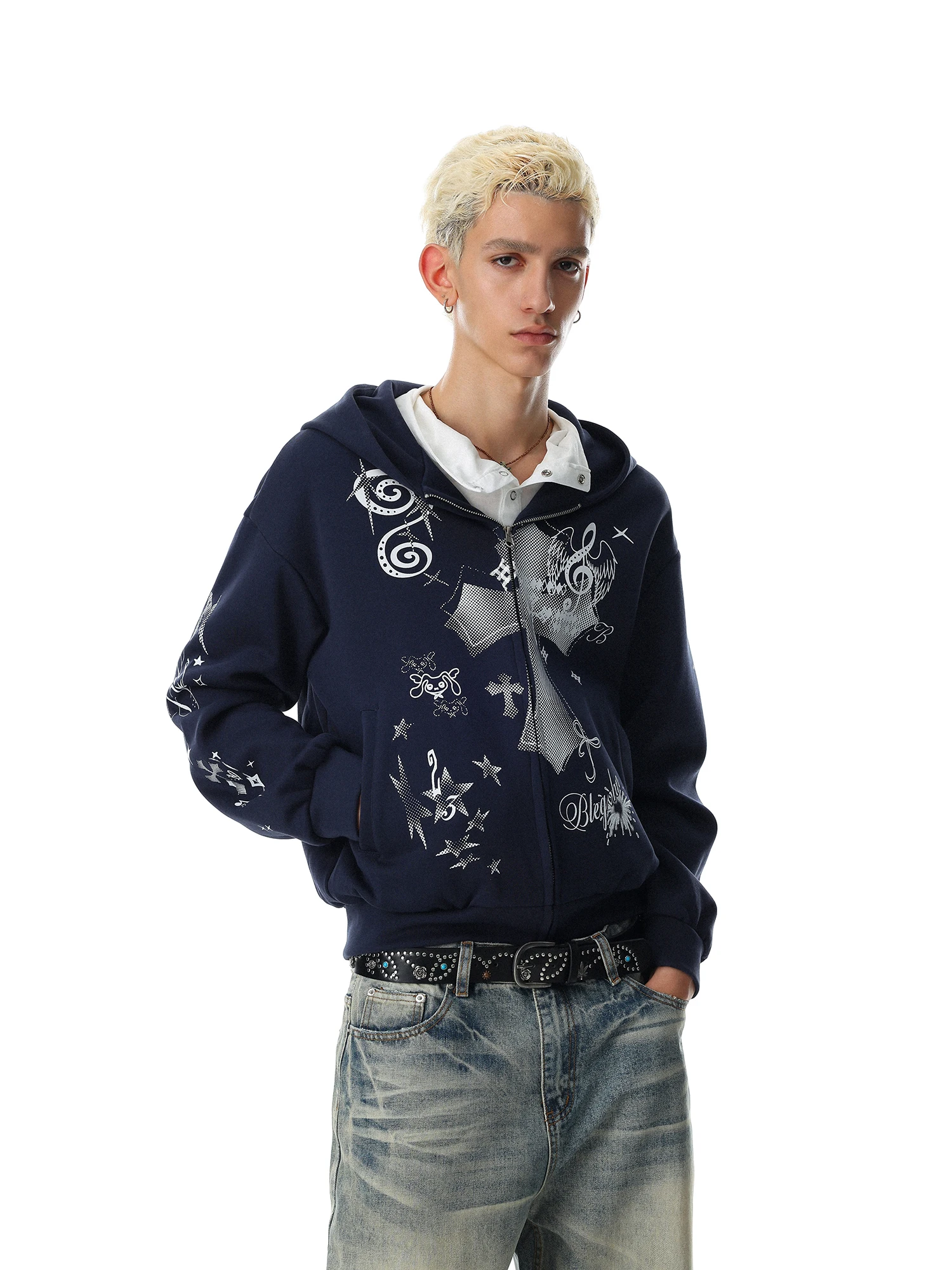 MRNEARLY American Street Style Hooded Open Cardigan Sweatshirt Loose Casual Unisex Outerwear Trendy Brand Cotton Long Sleeve