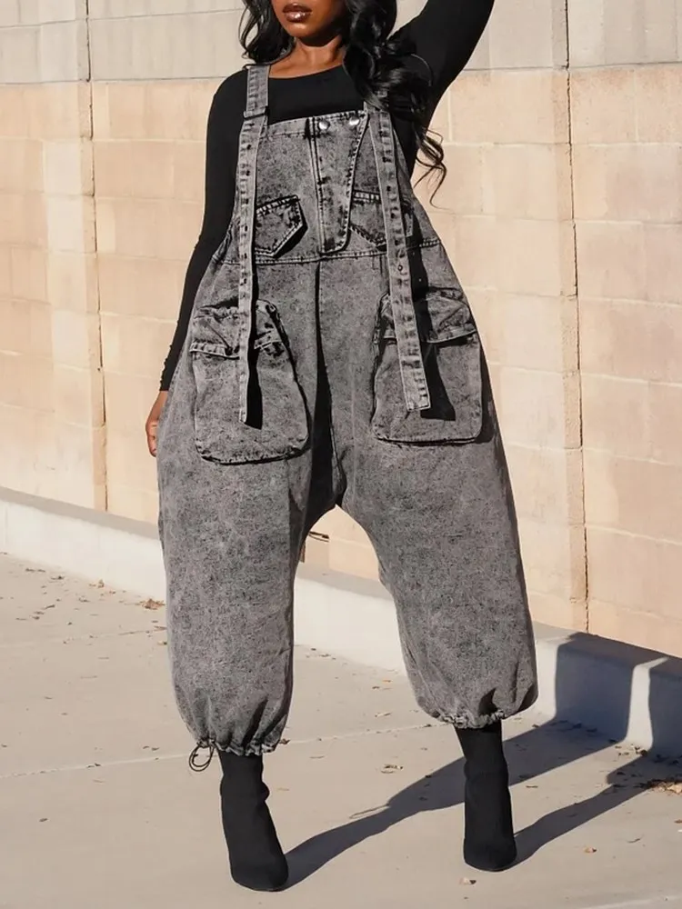 VGH patchwork pocket loose denim jumpsuits for women square collar sleeveless high waist streetwear cargo pants female fashion