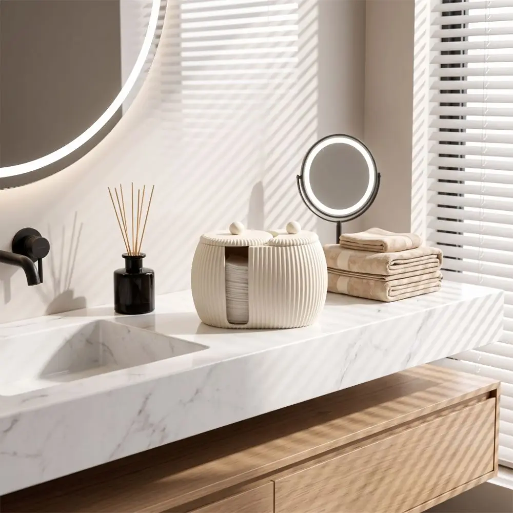 3D Printed Cosmetics Storage Box Striped Pattern Dual Compartment Cotton Swab Organizer Minimalist Plastic Beauty Storage Box