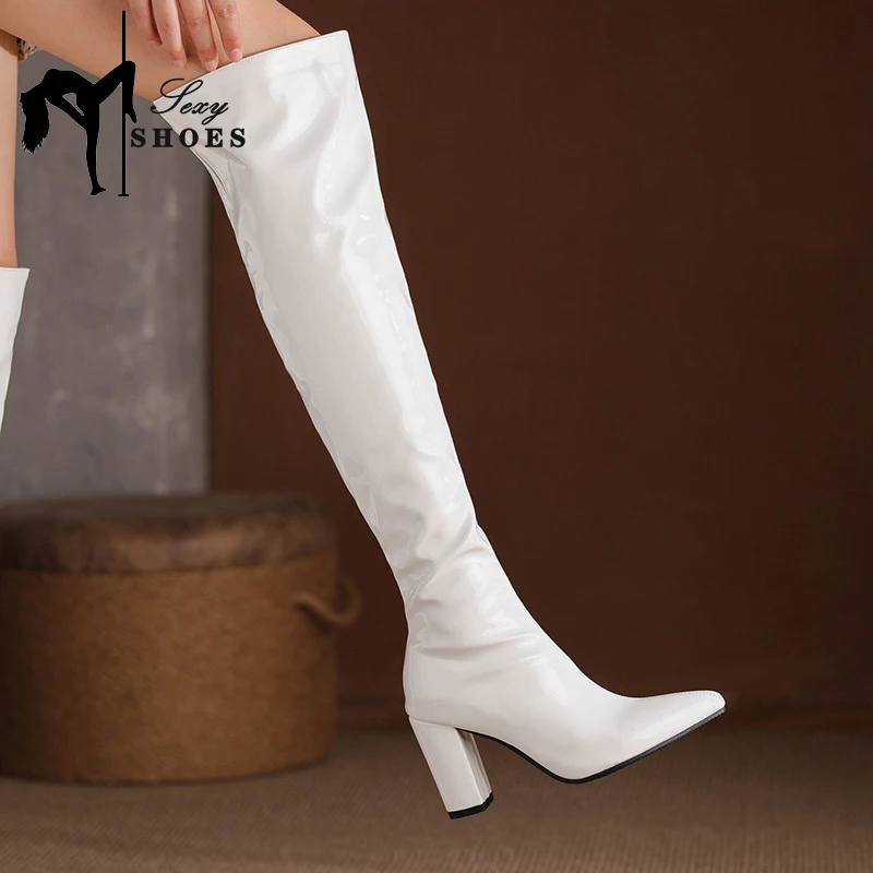 Sexy Over-the-Knee Pu Leather Women Thigh Boots Pinted Toe Zipper Square Heel High Heel Ladies Shoes Autumn Winter Chunky Boots