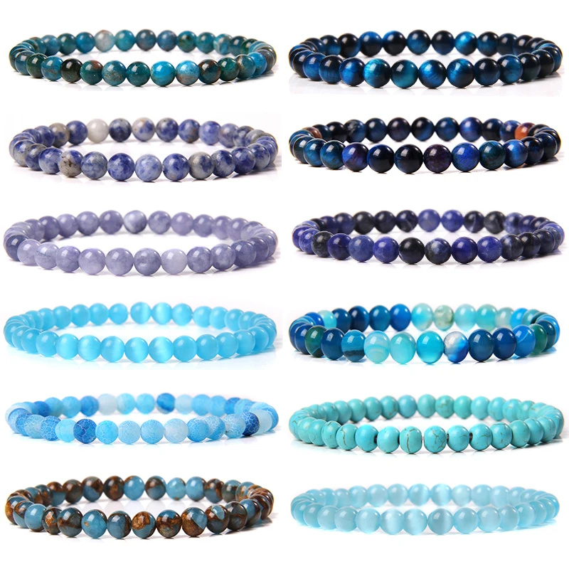 Pulsera de cuentas de piedra Natural de 6mm para mujeres y hombres, apatita azul, lapislázuli, ágatas, turquesas, pulseras de cuentas, regalo de joyería curativa