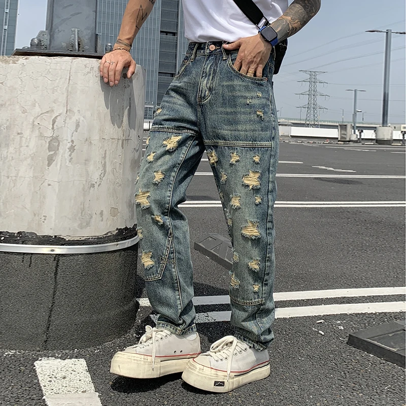 กางเกงยีนส์เดนิมทรงตรงหลวมสไตล์สตรีทแวร์สำหรับผู้ชาย รุ่น Autumn Men's Star Hole Cargo  ทรงขาตรง  ใส่ทำงานได้  สไตล์ Y2K