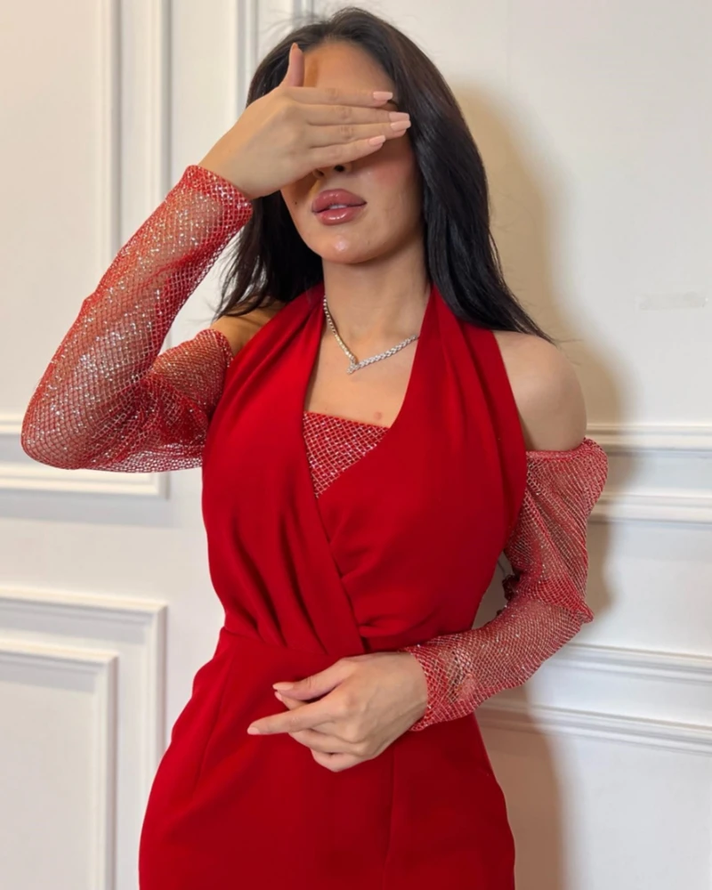 Customized Elegant Slit Halter Off the Shoulder Sheath Long Party Dress Ankle Length Formal Evening Gowns 칵테일드레스