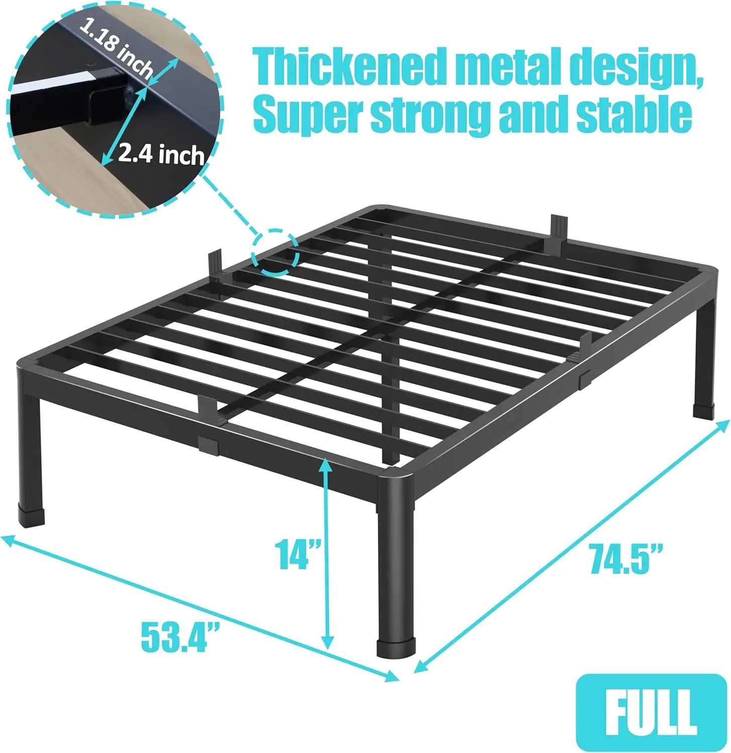 14 Inch Full Size Bed Frame Metal With Sturdy Steel Round Corner Legs, 3500 Lbs Heavy Duty Metal Full Platform Bed With Steel