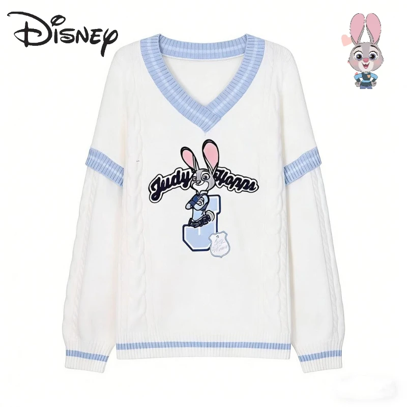 

Disney Zootopia Judy Nick Anime Cartoon Cute Student Knitted Sweater Creative Kawaii Unisex Spring New V-neck Top T-shirt Gift