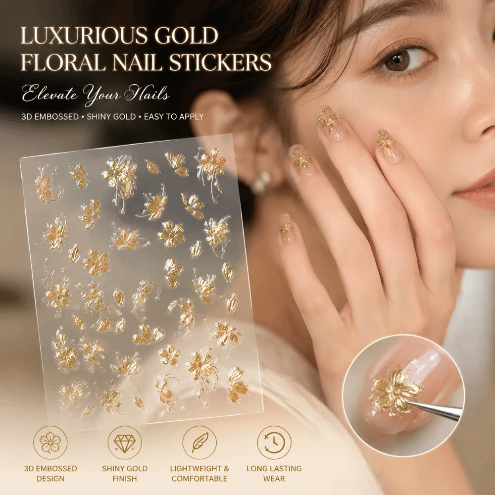 Gold Flower 3D Nail Sticker Adhesive Lasting Floral Relief Nail Sticker Press on Nail Flowers Nail Art Decal Nail Art Decoration