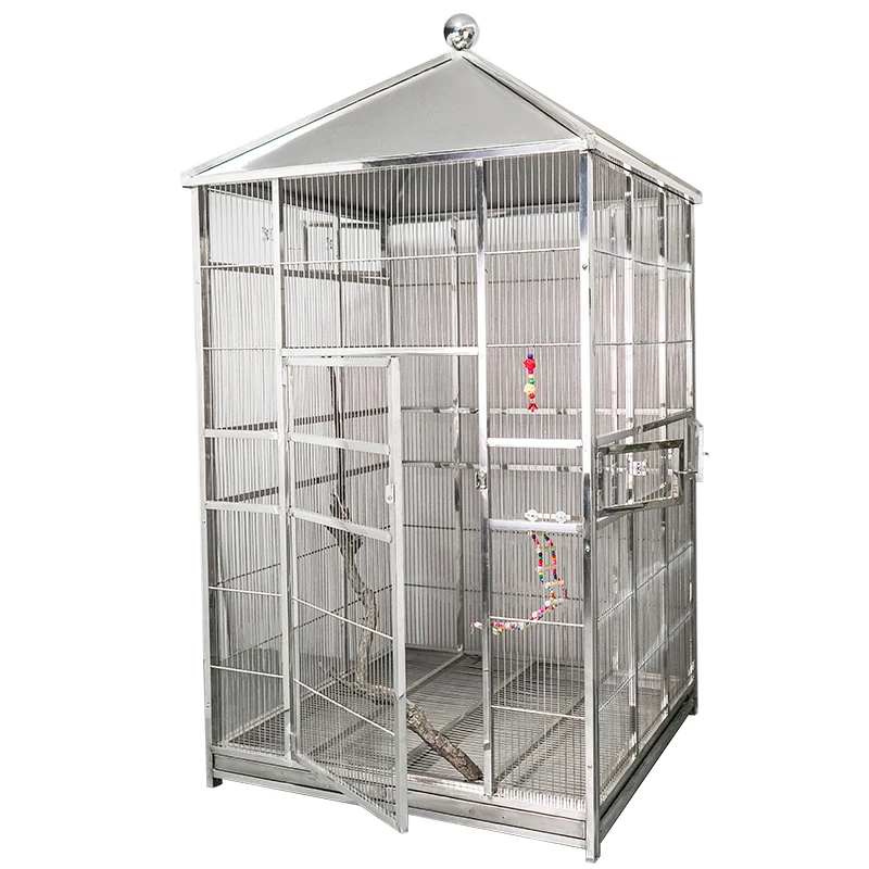 A Large Stainless Steel Bird Cage With A Roof Covering For Parakeets Parrots Conures Lovebird Cockatiel Cockatoo Finch Macaw