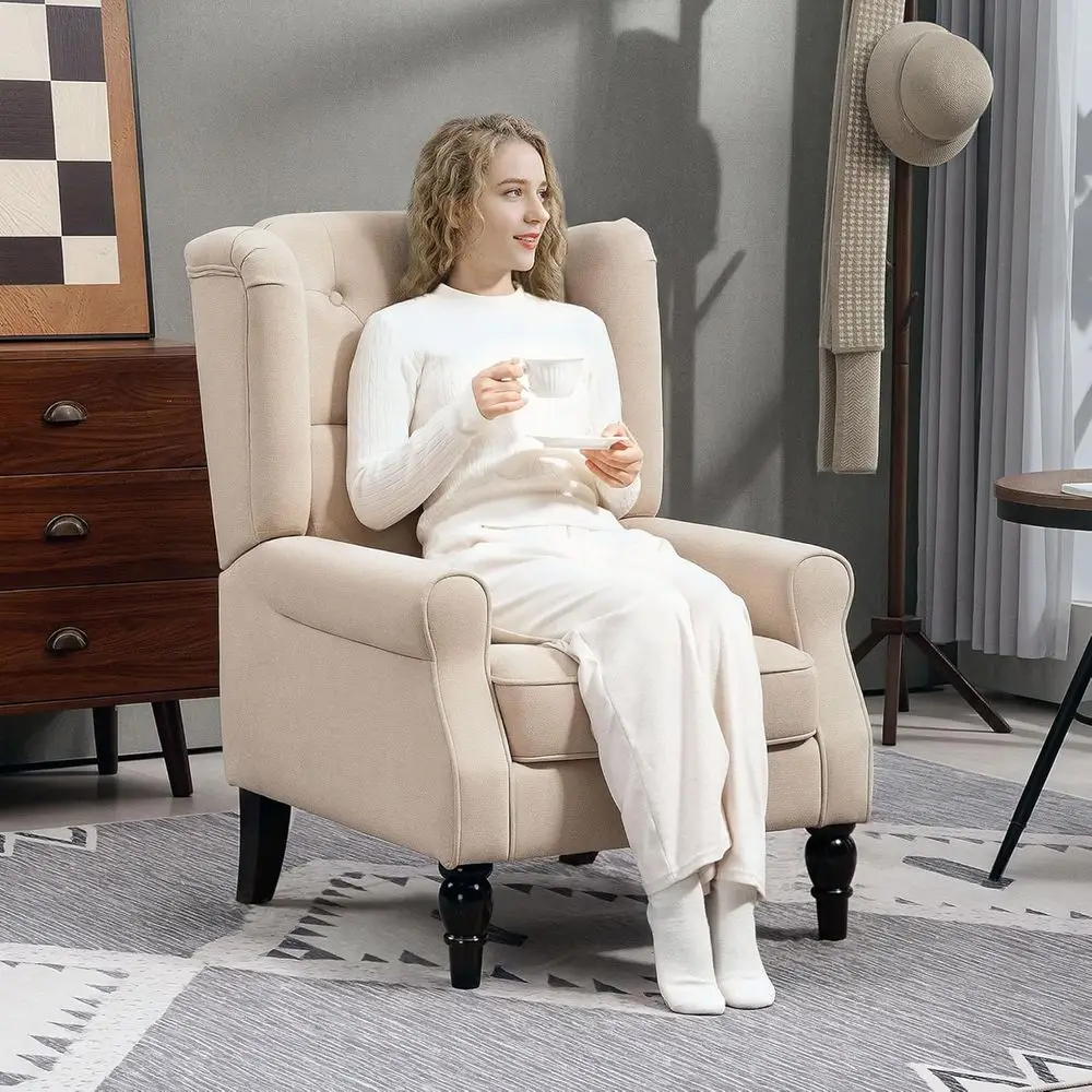 

Современный акцентный стул середины века, стул для чтения с высокой спинкой, кресло из ткани с обивкой на пуговицах и деревянными ножками в стиле ретро для