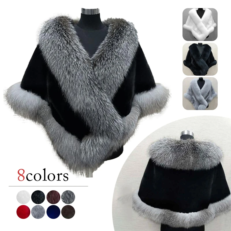 

Imitation Mink Fox Fur Cape Socialite Bride Cape Banquet Wedding Dress Accessories Winter Thickening Warm Solid Color Cape