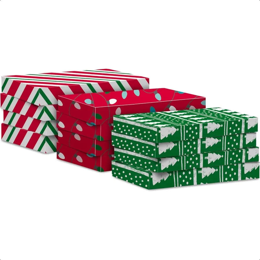 Mittlere Weihnachtsgeschenkboxen mit Deckel, 12 Hemdboxen, 3 Designs: Lichterbäume, rote und grüne Streifen für den Weihnachtsfeiertag