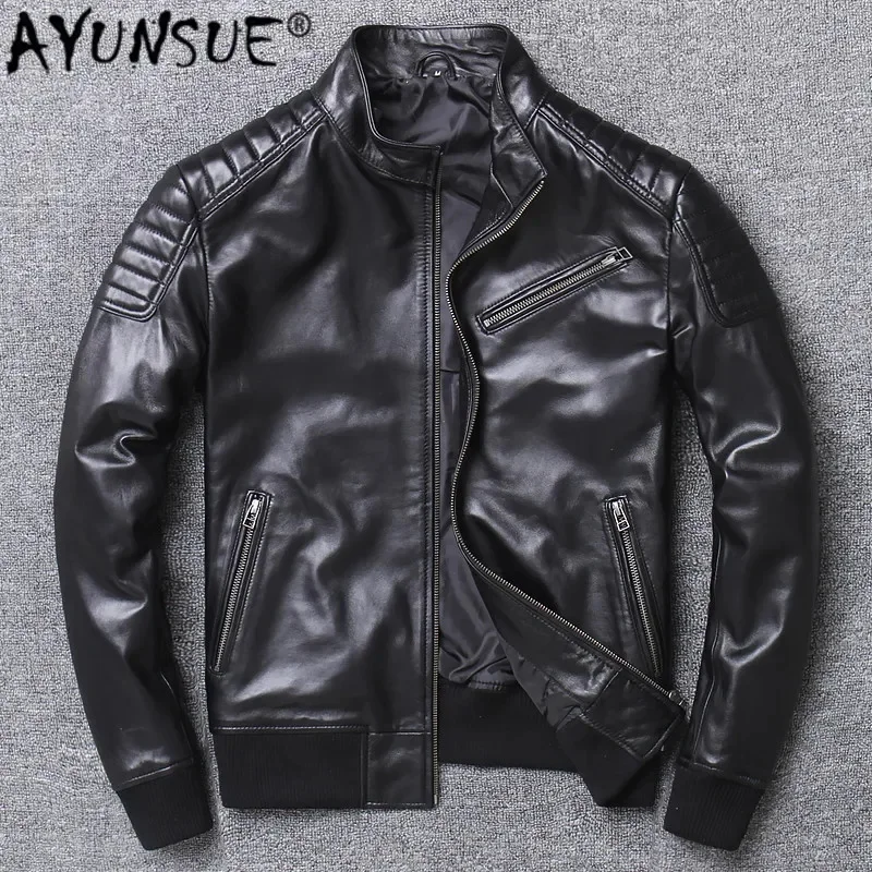 

AYUNSUE 2024 Spring New Leather Jacket Men Mens Shearling Coat Real Sheepskin Slim Casual Plus Size Mandarin Collar X-1937