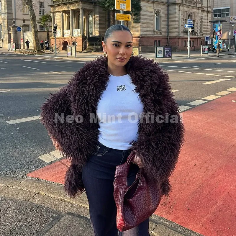 Neo Mint Winter 2025 Trend Burgundy Obsession Long Faux Mongolia Sheep Fur Jacket Coat Women Chic Lapel Collar Fluffy Overcoat